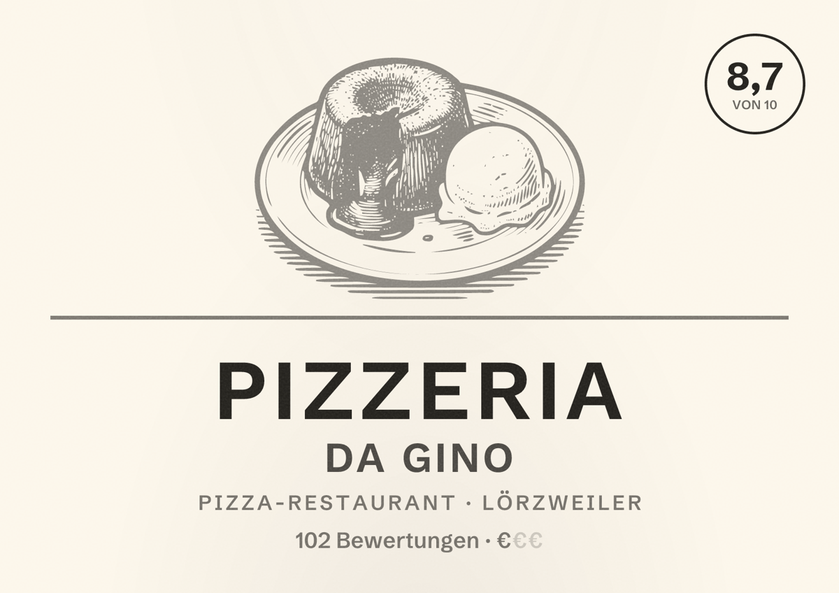 Illustriertes Poster von Pizzeria Da Gino, Pizza-Restaurant in Lörzweiler: Bewertung 8,7 von 10 aus 102 Bewertungen, Preisniveau €