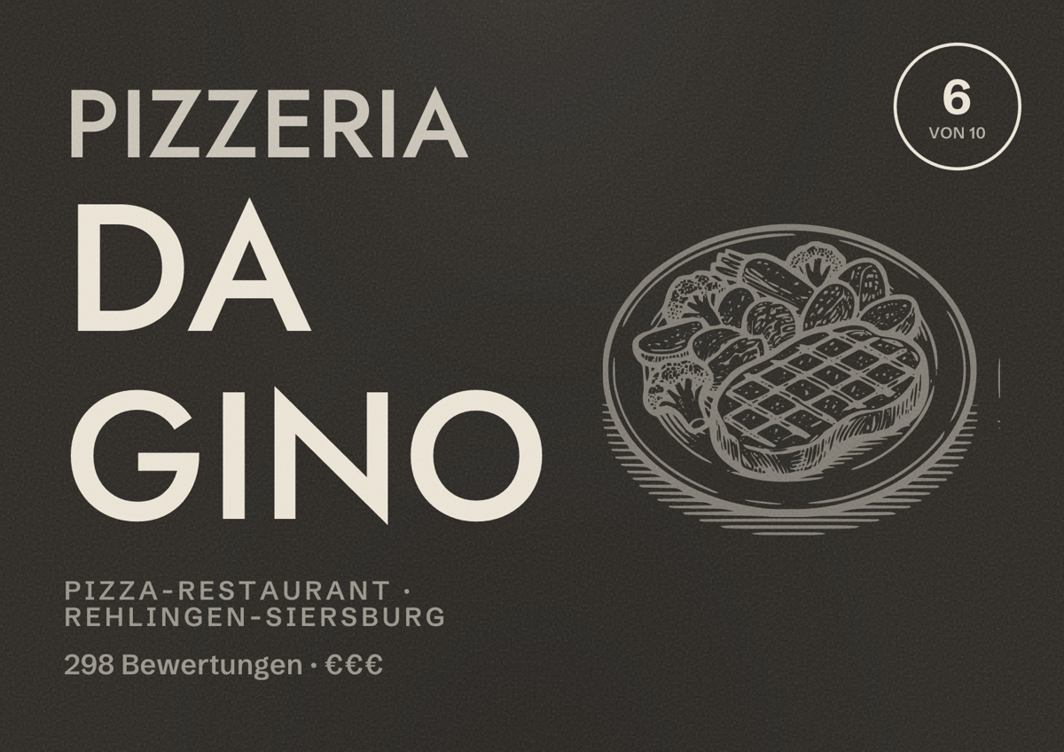 Illustriertes Poster von Pizzeria Da Gino, Pizza-Restaurant in Rehlingen-Siersburg: Bewertung 6 von 10 aus 298 Bewertungen, Preisniveau €€€
