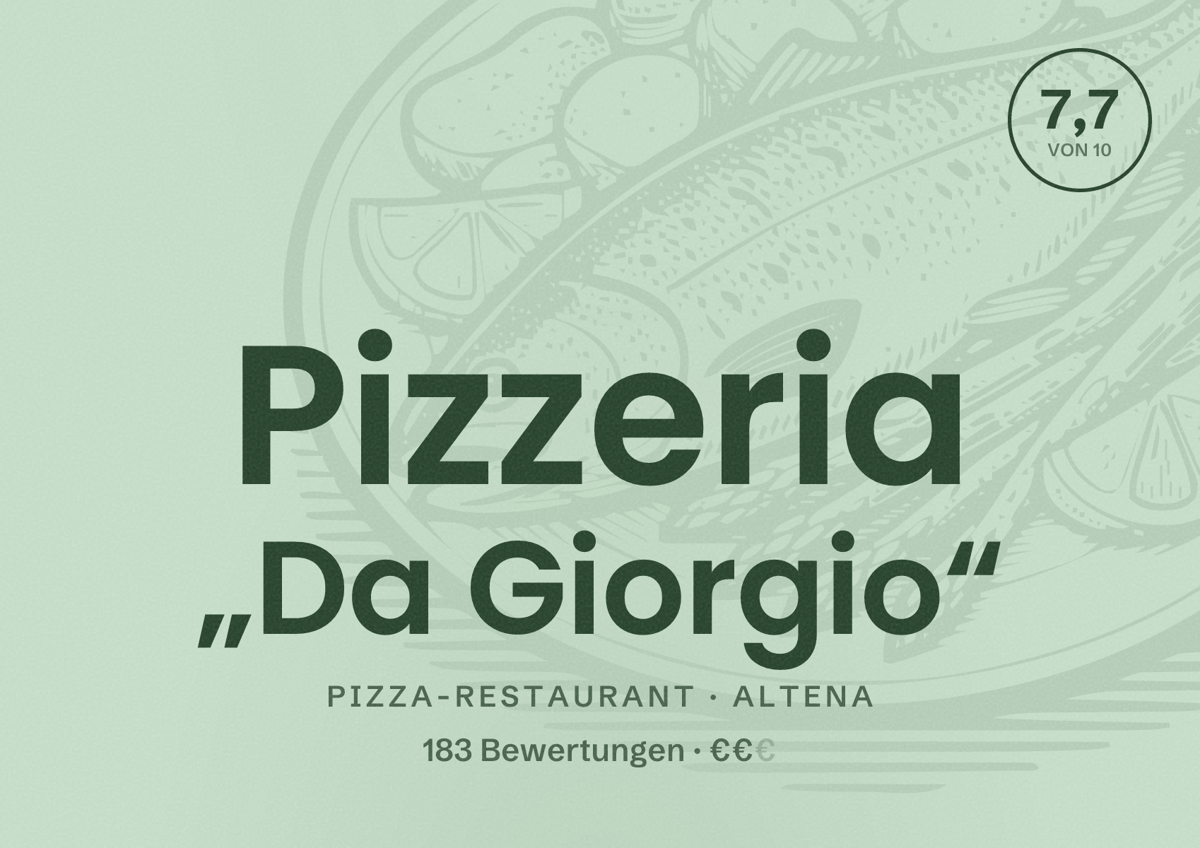 Illustriertes Poster von Pizzeria „Da Giorgio“, Pizza-Restaurant in Altena: Bewertung 7,7 von 10 aus 183 Bewertungen, Preisniveau €€
