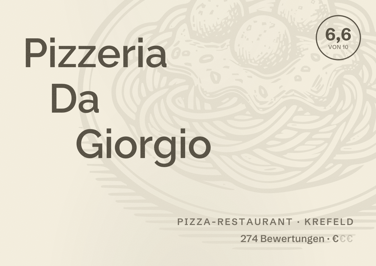 Illustriertes Poster von Pizzeria Da Giorgio, Pizza-Restaurant in Krefeld: Bewertung 6,6 von 10 aus 274 Bewertungen, Preisniveau €