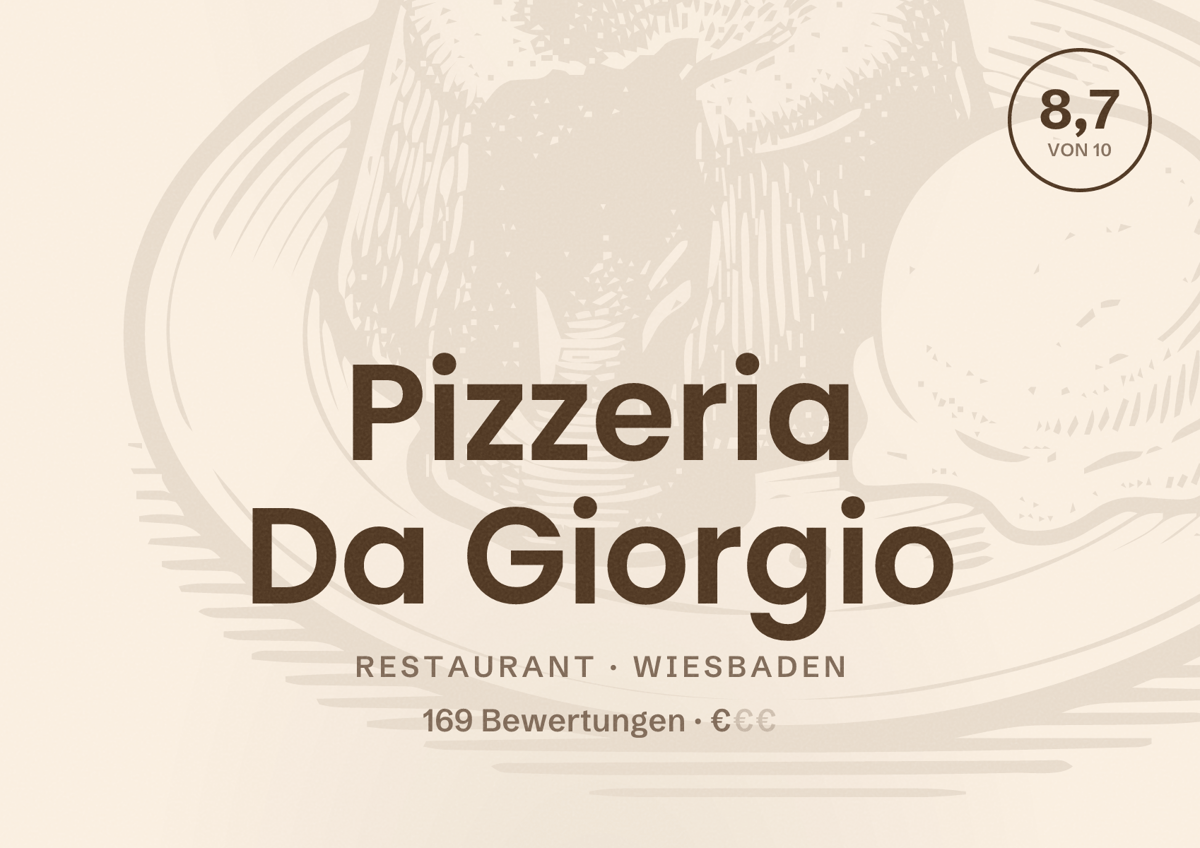 Illustriertes Poster von Pizzeria Da Giorgio, Restaurant in Wiesbaden: Bewertung 8,7 von 10 aus 169 Bewertungen, Preisniveau €