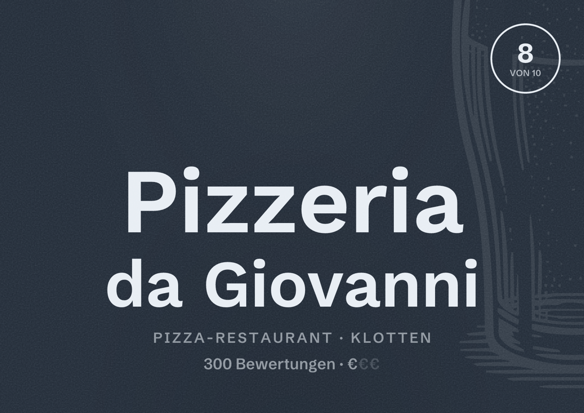Illustriertes Poster von Pizzeria da Giovanni, Pizza-Restaurant in Klotten: Bewertung 8 von 10 aus 300 Bewertungen, Preisniveau €