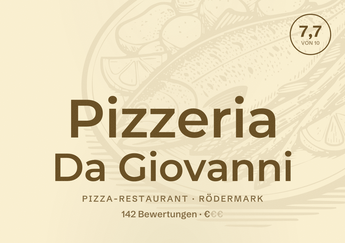 Illustriertes Poster von Pizzeria Da Giovanni, Pizza-Restaurant in Rödermark: Bewertung 7,7 von 10 aus 142 Bewertungen, Preisniveau €