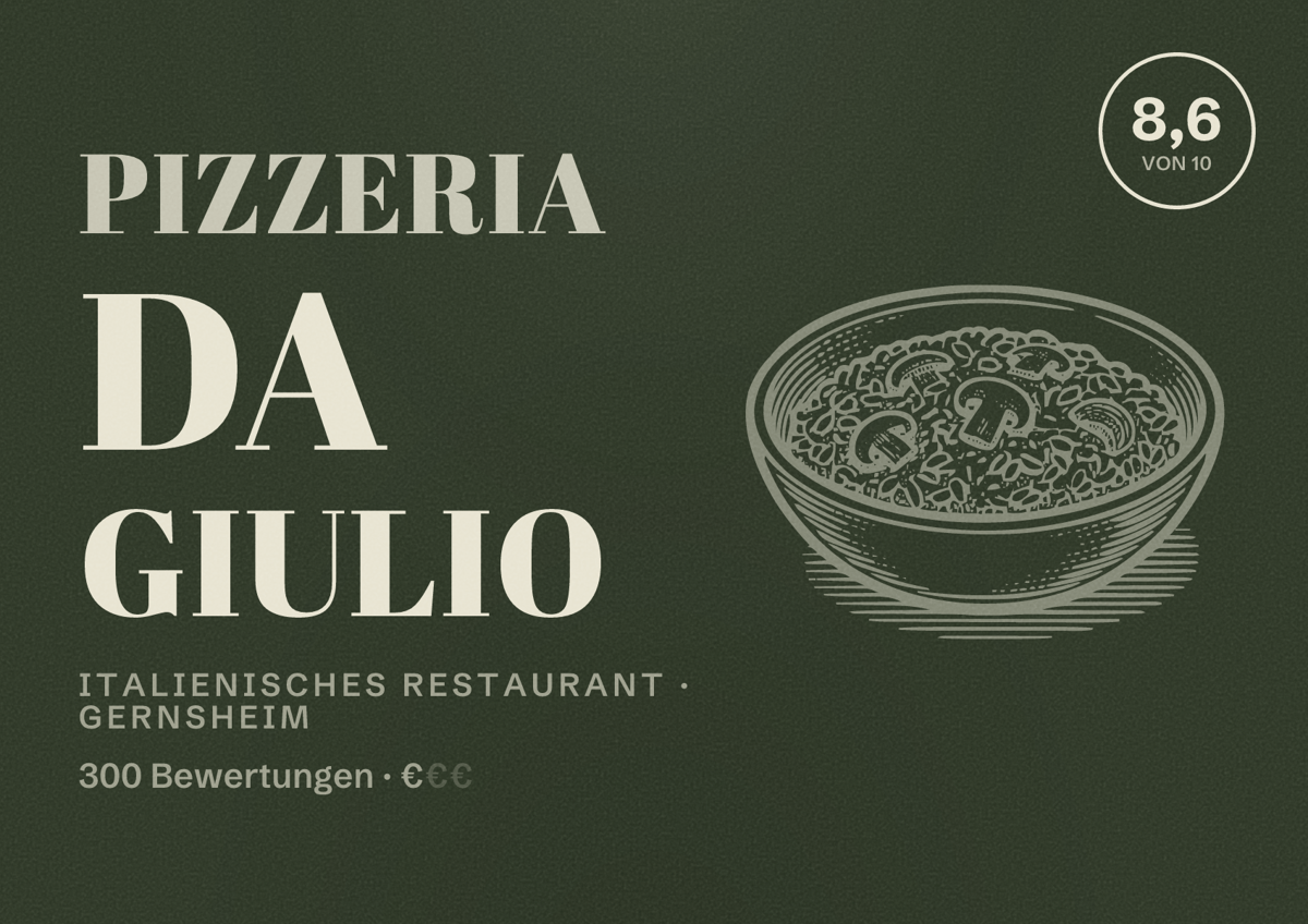 Illustriertes Poster von Pizzeria Da Giulio, Italienisches Restaurant in Gernsheim: Bewertung 8,6 von 10 aus 300 Bewertungen, Preisniveau €