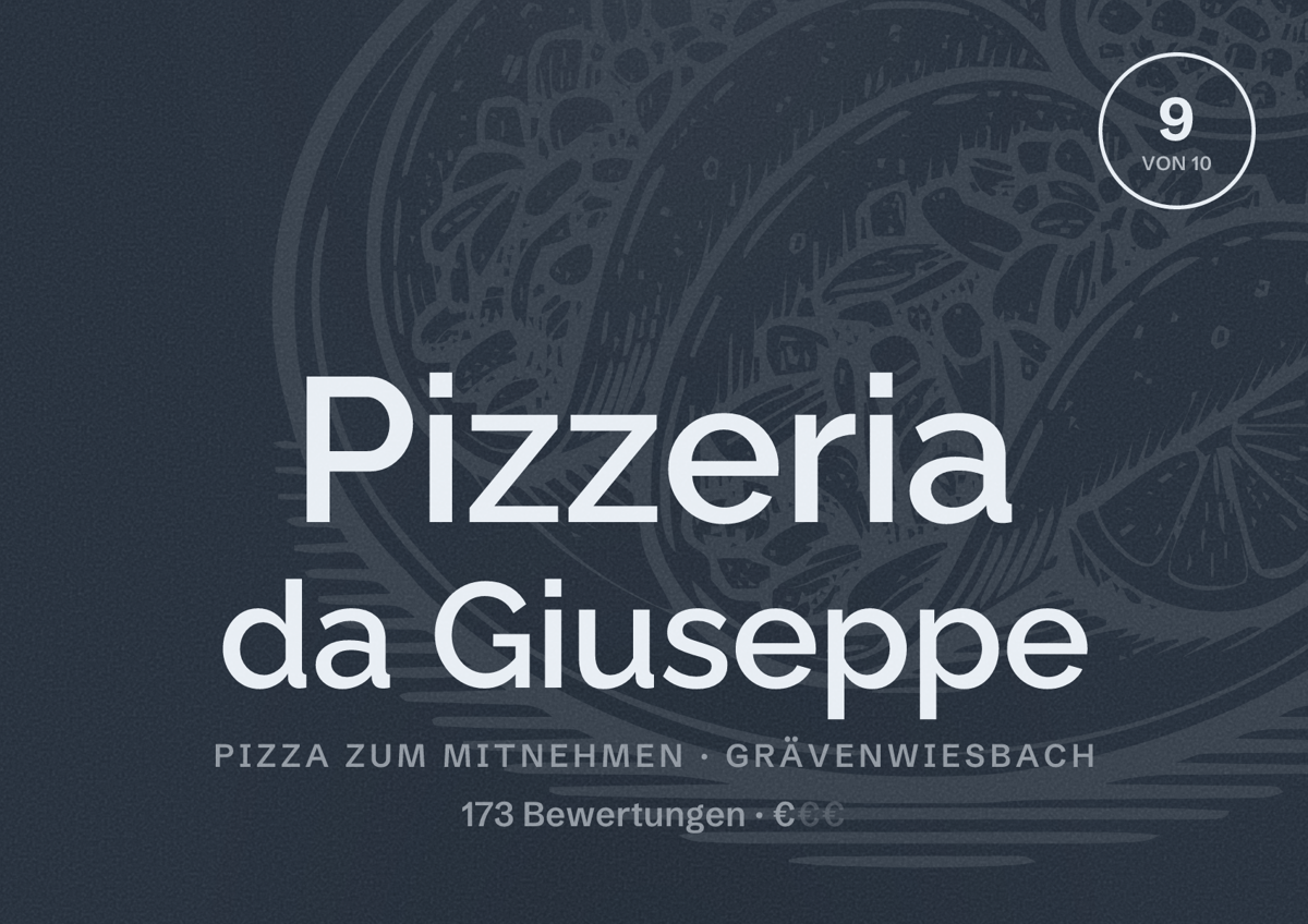 Illustriertes Poster von Pizzeria da Giuseppe, Pizza zum Mitnehmen in Grävenwiesbach: Bewertung 9 von 10 aus 173 Bewertungen, Preisniveau €