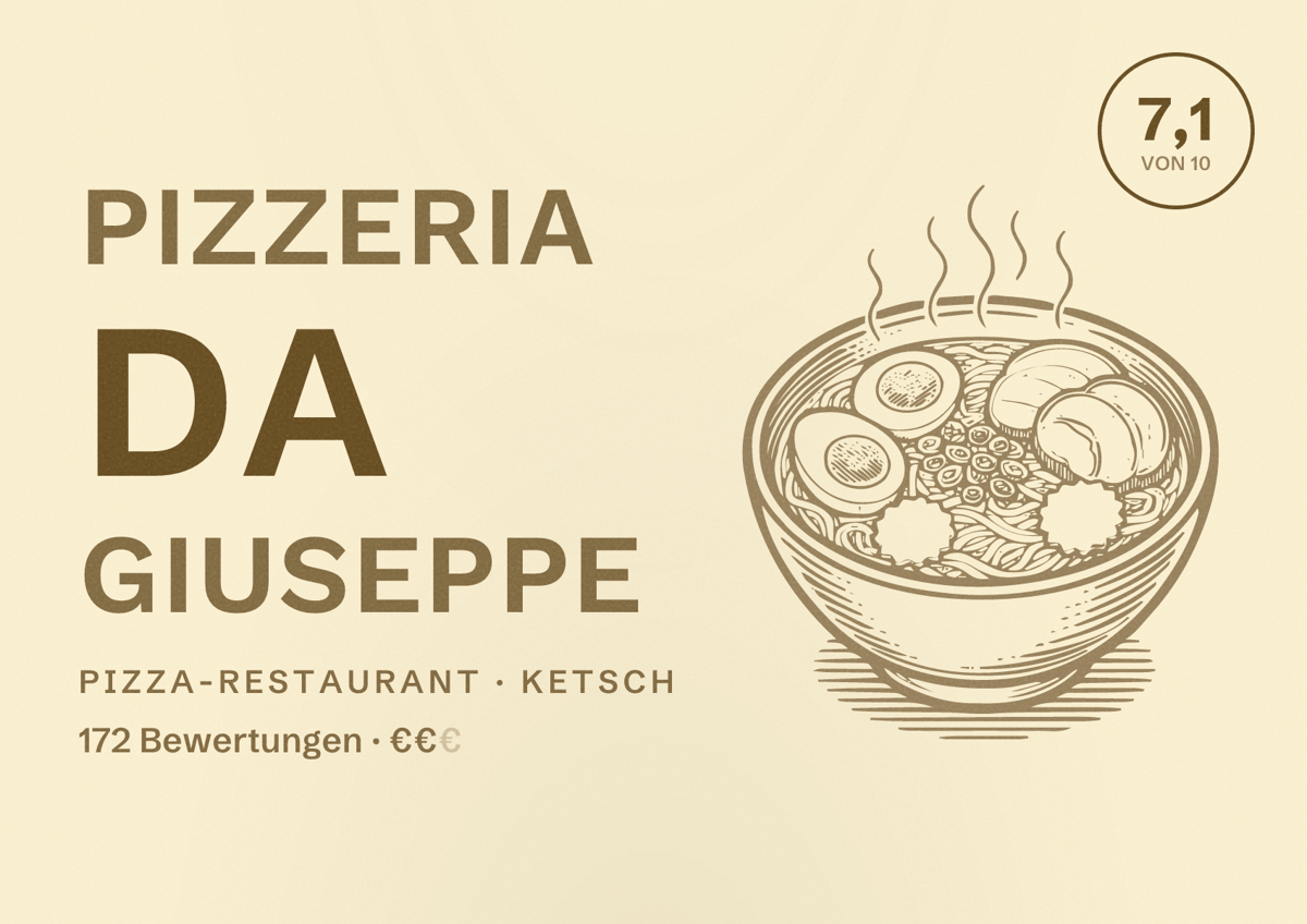 Illustriertes Poster von Pizzeria Da Giuseppe, Pizza-Restaurant in Ketsch: Bewertung 7,1 von 10 aus 172 Bewertungen, Preisniveau €€