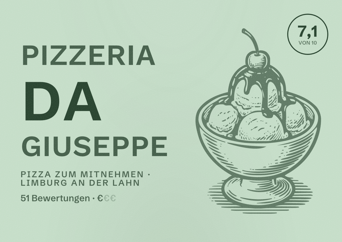 Illustriertes Poster von Pizzeria Da Giuseppe, Pizza zum Mitnehmen in Limburg an der Lahn: Bewertung 7,1 von 10 aus 51 Bewertungen, Preisniveau €