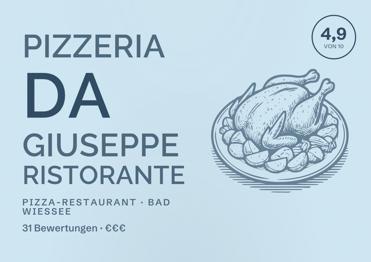 Illustriertes Poster von Pizzeria da Giuseppe Ristorante, Pizza-Restaurant in Bad Wiessee: Bewertung 4,9 von 10 aus 31 Bewertungen, Preisniveau €€€