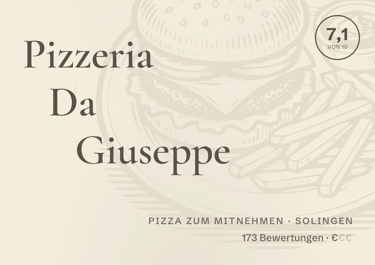 Illustriertes Poster von Pizzeria Da Giuseppe, Pizza zum Mitnehmen in Solingen: Bewertung 7,1 von 10 aus 173 Bewertungen, Preisniveau €