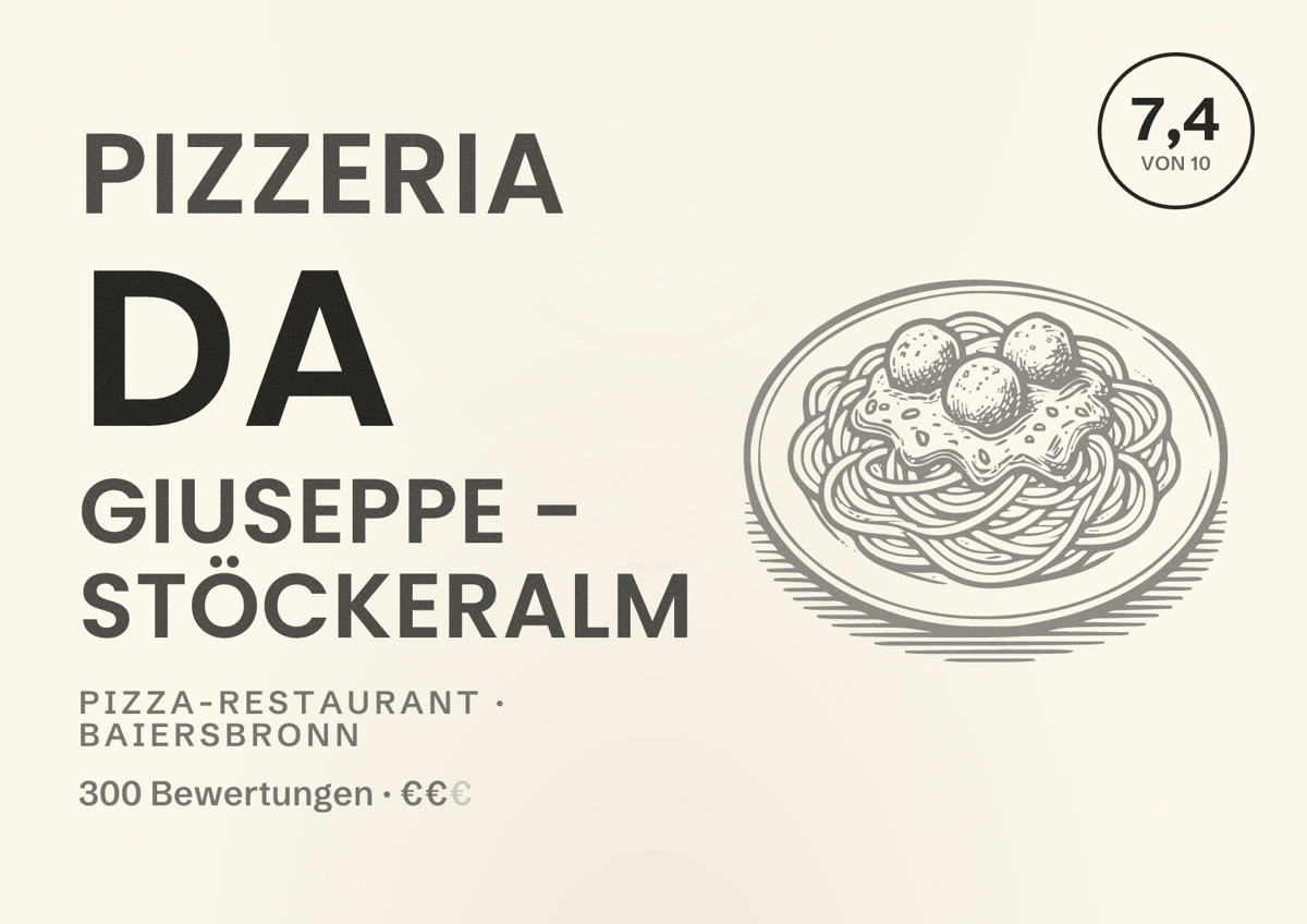 Illustriertes Poster von Pizzeria da Giuseppe - Stöckeralm, Pizza-Restaurant in Baiersbronn: Bewertung 7,4 von 10 aus 300 Bewertungen, Preisniveau €€