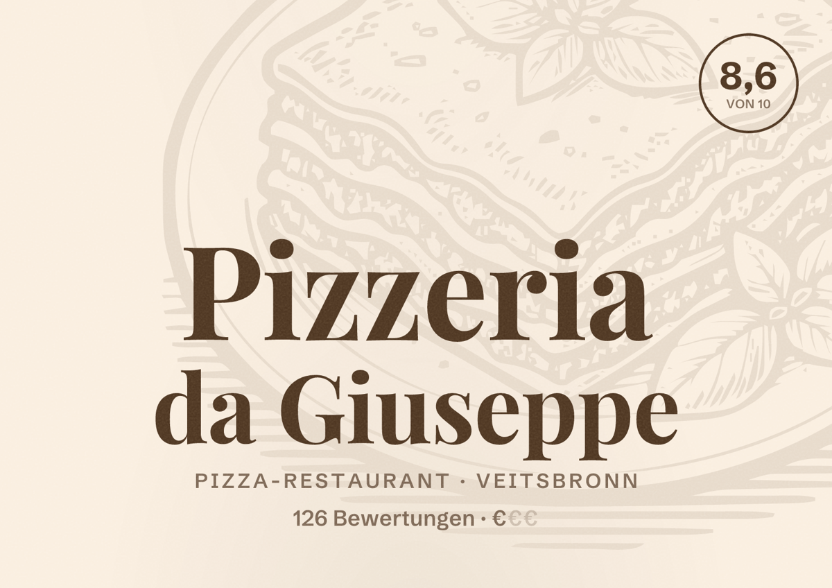 Illustriertes Poster von Pizzeria da Giuseppe, Pizza-Restaurant in Veitsbronn: Bewertung 8,6 von 10 aus 126 Bewertungen, Preisniveau €