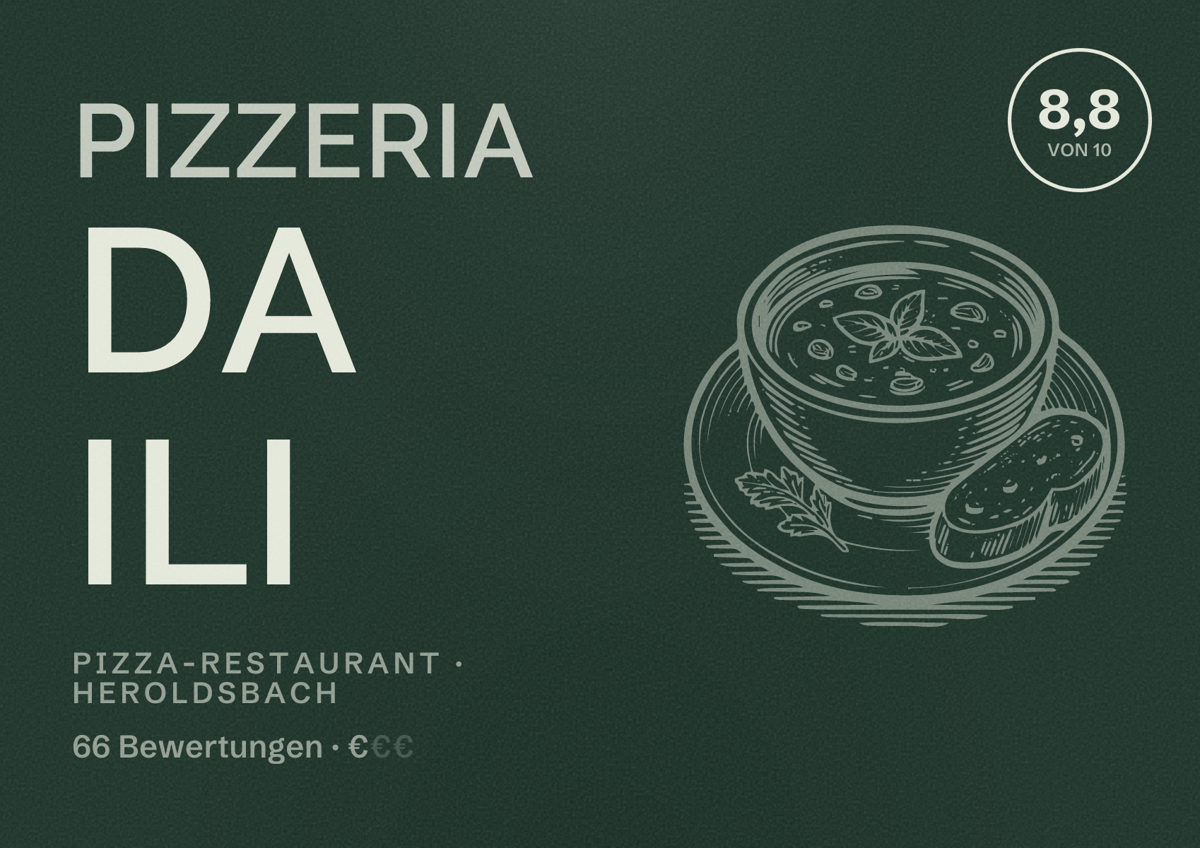 Illustriertes Poster von Pizzeria Da Ili, Pizza-Restaurant in Heroldsbach: Bewertung 8,8 von 10 aus 66 Bewertungen, Preisniveau €