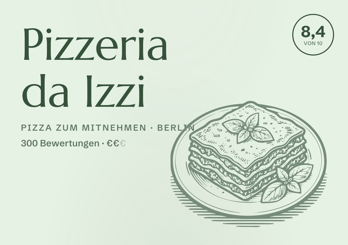 Illustriertes Poster von Pizzeria da Izzi, Pizza zum Mitnehmen in Berlin: Bewertung 8,4 von 10 aus 300 Bewertungen, Preisniveau €€