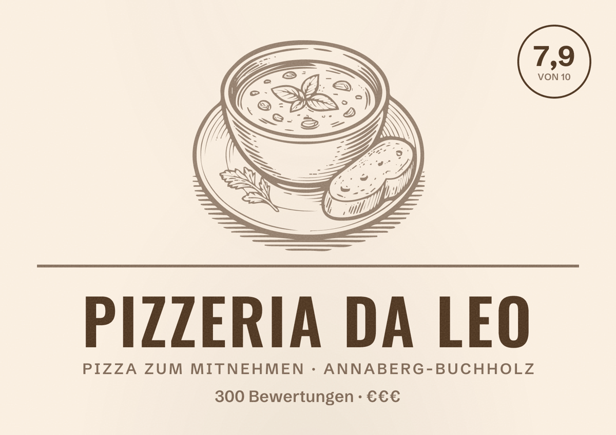 Illustriertes Poster von Pizzeria Da Leo, Pizza zum Mitnehmen in Annaberg-Buchholz: Bewertung 7,9 von 10 aus 300 Bewertungen, Preisniveau €€€