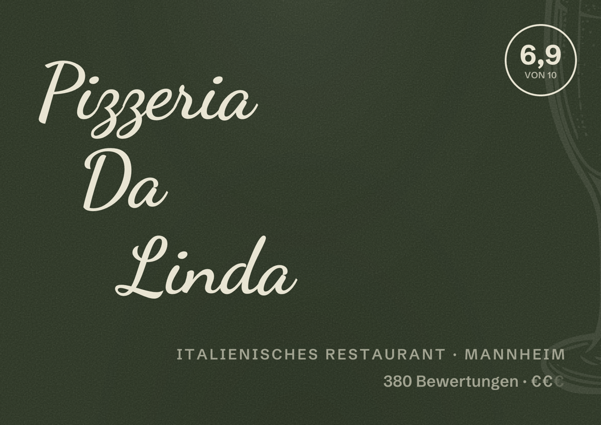 Illustriertes Poster von Pizzeria Da Linda, Italienisches Restaurant in Mannheim: Bewertung 6,9 von 10 aus 380 Bewertungen, Preisniveau €€