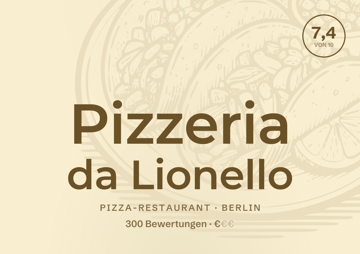 Illustriertes Poster von Pizzeria da Lionello, Pizza-Restaurant in Berlin: Bewertung 7,4 von 10 aus 300 Bewertungen, Preisniveau €