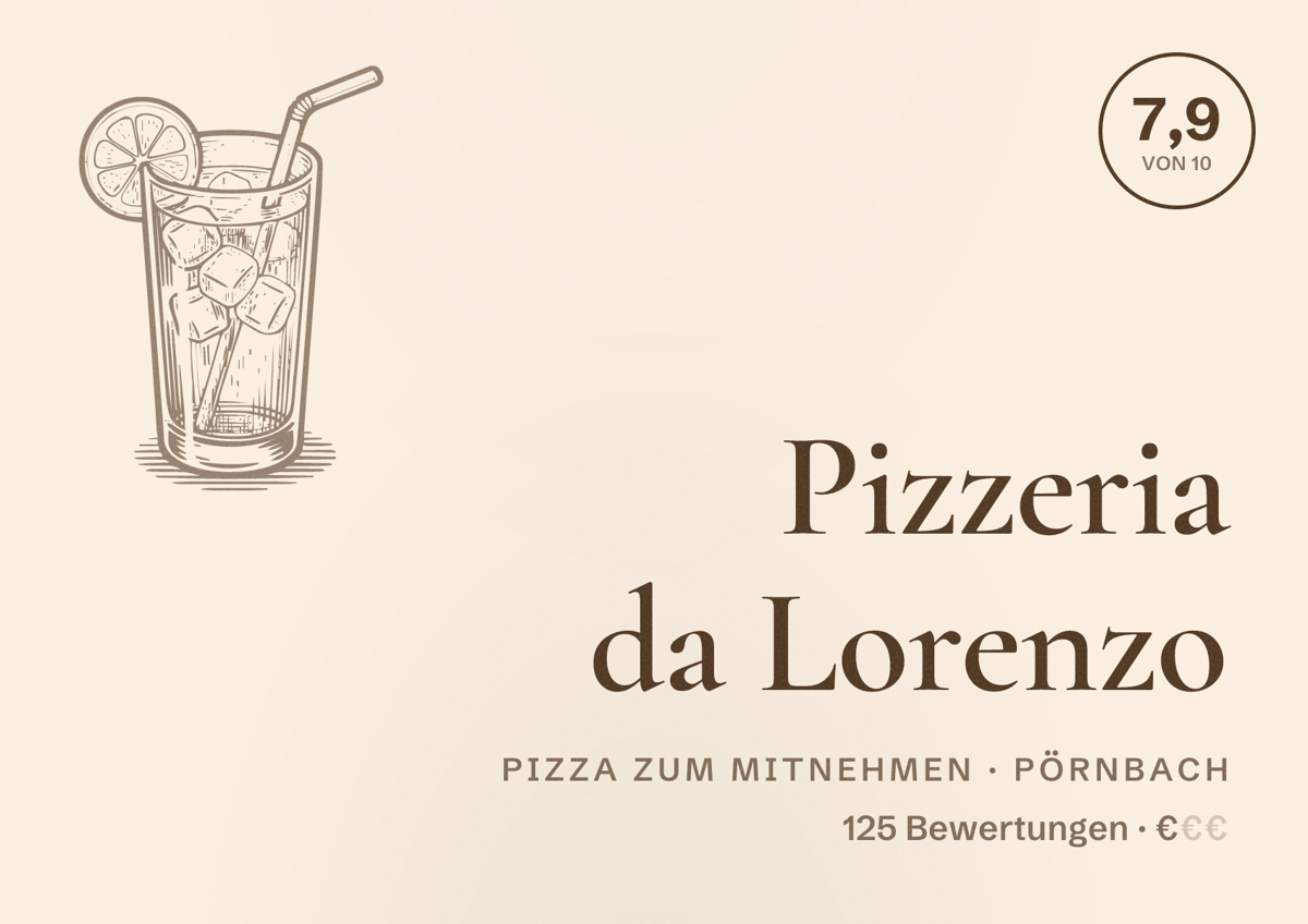 Illustriertes Poster von Pizzeria da Lorenzo, Pizza zum Mitnehmen in Pörnbach: Bewertung 7,9 von 10 aus 125 Bewertungen, Preisniveau €