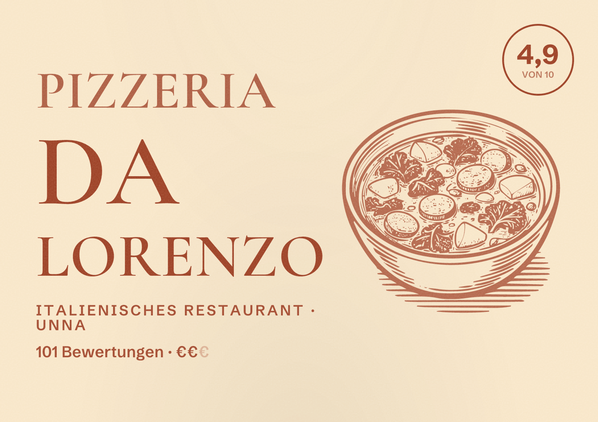 Illustriertes Poster von Pizzeria Da Lorenzo, Italienisches Restaurant in Unna: Bewertung 4,9 von 10 aus 101 Bewertungen, Preisniveau €€