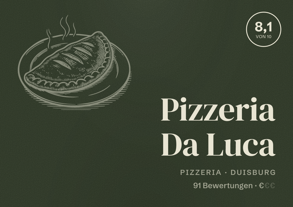Illustriertes Poster von Pizzeria Da Luca, Pizzeria in Duisburg: Gästebewertung 8,1 von 10 aus 91 Bewertungen