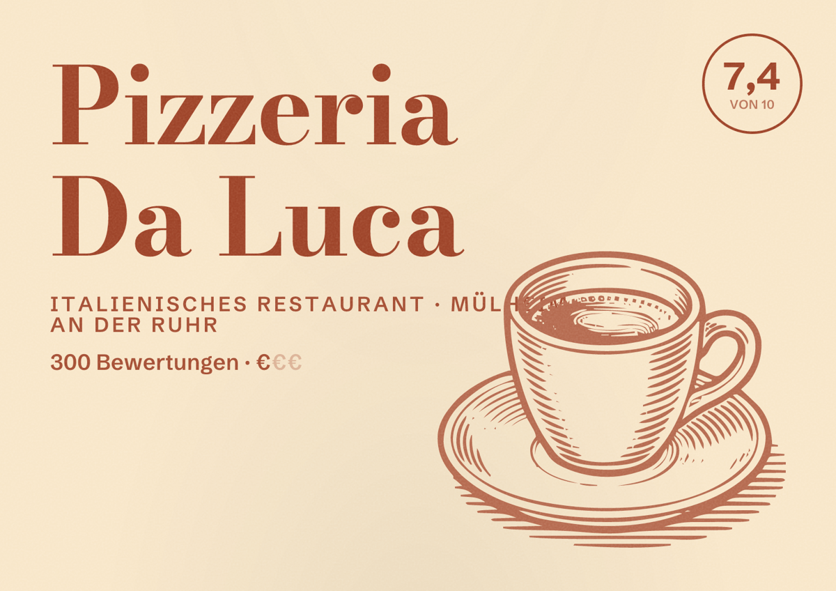 Illustriertes Poster von Pizzeria Da Luca, Italienisches Restaurant in Mülheim an der Ruhr: Bewertung 7,4 von 10 aus 300 Bewertungen, Preisniveau €
