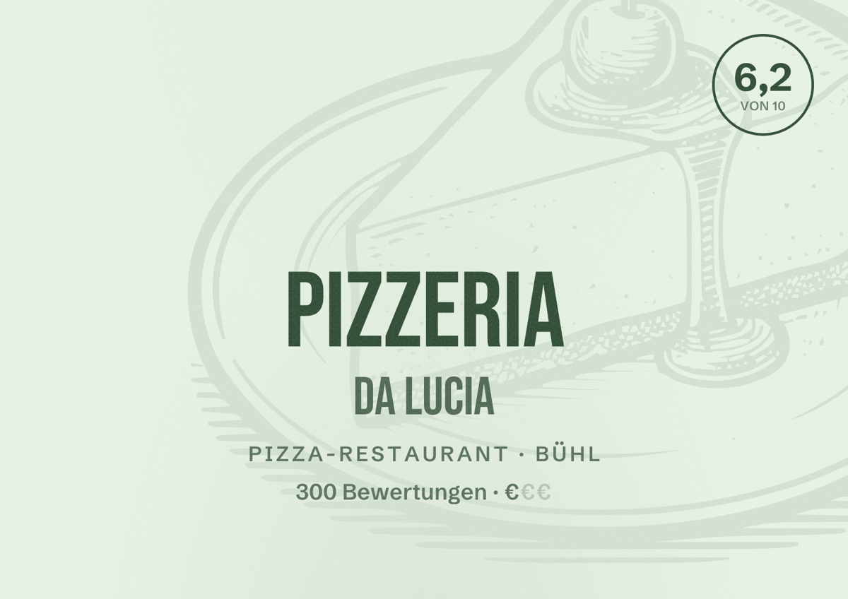 Illustriertes Poster von Pizzeria Da Lucia, Pizza-Restaurant in Bühl: Bewertung 6,2 von 10 aus 300 Bewertungen, Preisniveau €