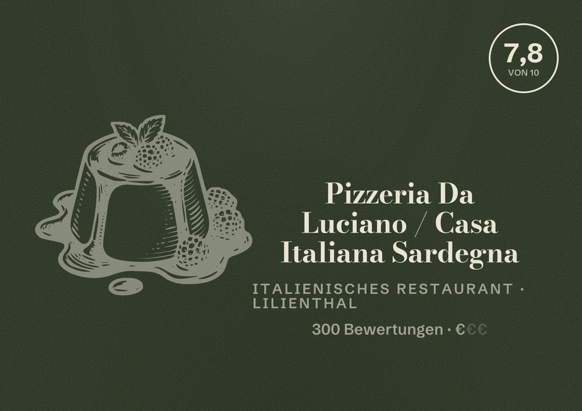 Illustriertes Poster von Pizzeria Da Luciano / Casa Italiana Sardegna, Italienisches Restaurant in Lilienthal: Bewertung 7,8 von 10 aus 300 Bewertungen, Preisniveau €