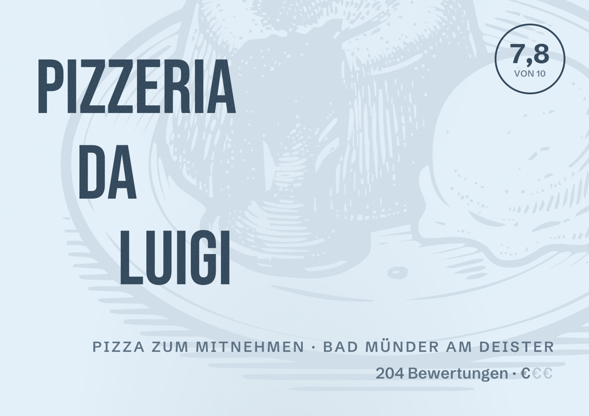 Illustriertes Poster von Pizzeria da Luigi, Pizza zum Mitnehmen in Bad Münder am Deister: Bewertung 7,8 von 10 aus 204 Bewertungen, Preisniveau €