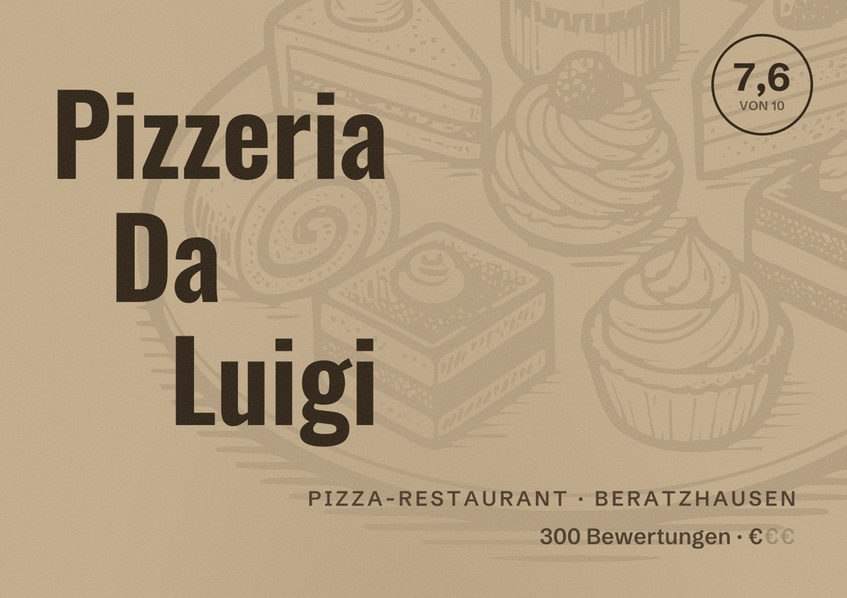 Illustriertes Poster von Pizzeria Da Luigi, Pizza-Restaurant in Beratzhausen: Bewertung 7,6 von 10 aus 300 Bewertungen, Preisniveau €