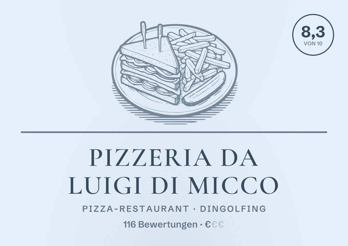Illustriertes Poster von Pizzeria da Luigi Di Micco, Pizza-Restaurant in Dingolfing: Bewertung 8,3 von 10 aus 116 Bewertungen, Preisniveau €