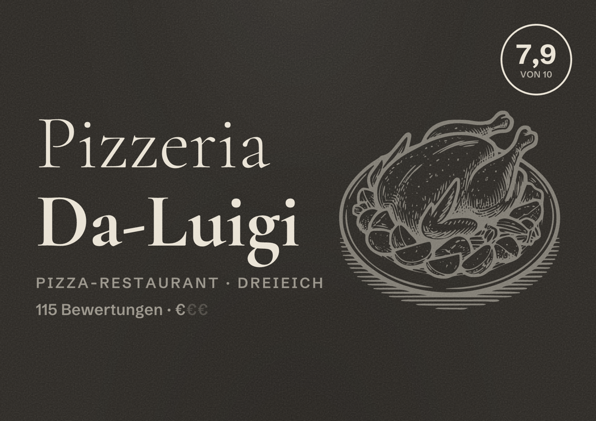 Illustriertes Poster von Pizzeria Da-Luigi, Pizza-Restaurant in Dreieich: Bewertung 7,9 von 10 aus 115 Bewertungen, Preisniveau €