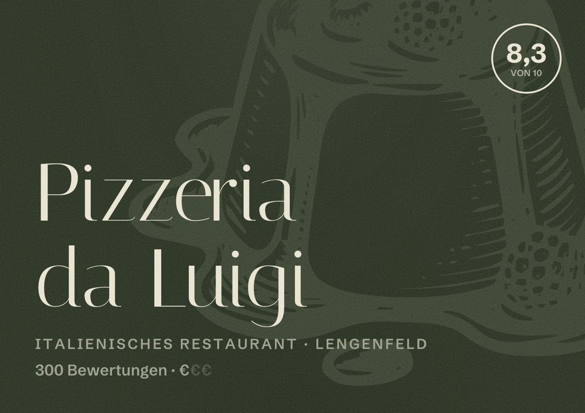 Illustriertes Poster von Pizzeria da Luigi, Italienisches Restaurant in Lengenfeld: Bewertung 8,3 von 10 aus 300 Bewertungen, Preisniveau €