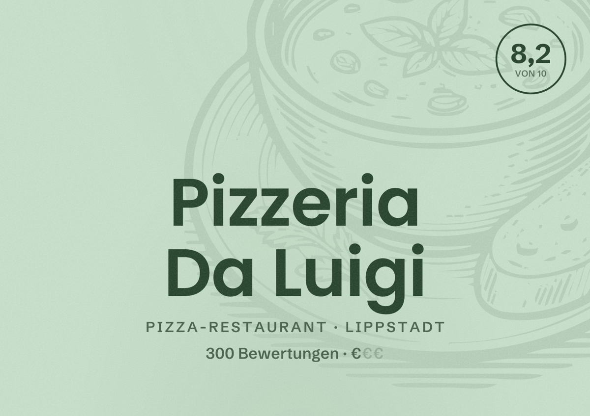 Illustriertes Poster von Pizzeria Da Luigi, Pizza-Restaurant in Lippstadt: Bewertung 8,2 von 10 aus 300 Bewertungen, Preisniveau €