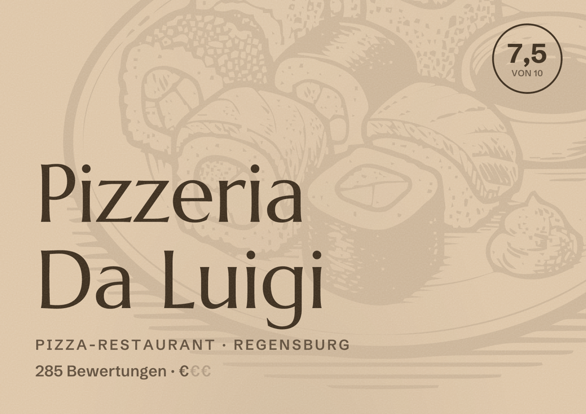 Illustriertes Poster von Pizzeria Da Luigi, Pizza-Restaurant in Regensburg: Bewertung 7,5 von 10 aus 285 Bewertungen, Preisniveau €