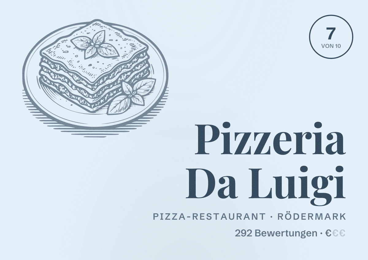 Illustriertes Poster von Pizzeria Da Luigi, Pizza-Restaurant in Rödermark: Bewertung 7 von 10 aus 292 Bewertungen, Preisniveau €