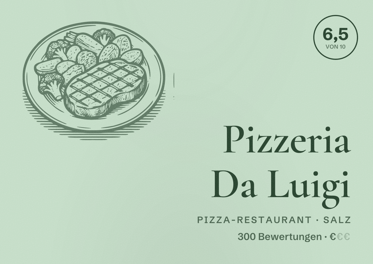 Illustriertes Poster von Pizzeria Da Luigi, Pizza-Restaurant in Salz: Bewertung 6,5 von 10 aus 300 Bewertungen, Preisniveau €