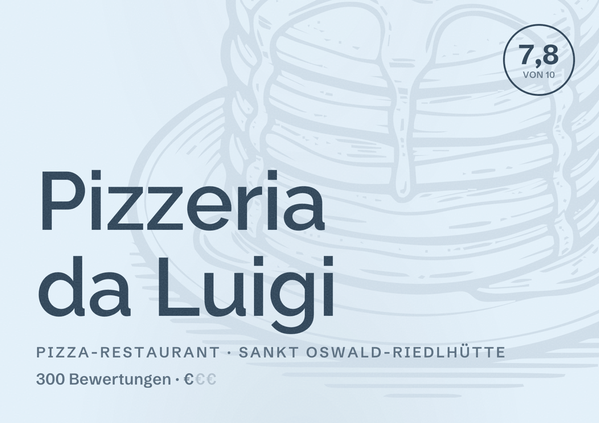 Illustriertes Poster von Pizzeria da Luigi, Pizza-Restaurant in Sankt Oswald-Riedlhütte: Bewertung 7,8 von 10 aus 300 Bewertungen, Preisniveau €