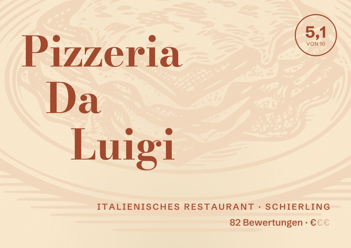 Illustriertes Poster von Pizzeria Da Luigi, Italienisches Restaurant in Schierling: Bewertung 5,1 von 10 aus 82 Bewertungen, Preisniveau €