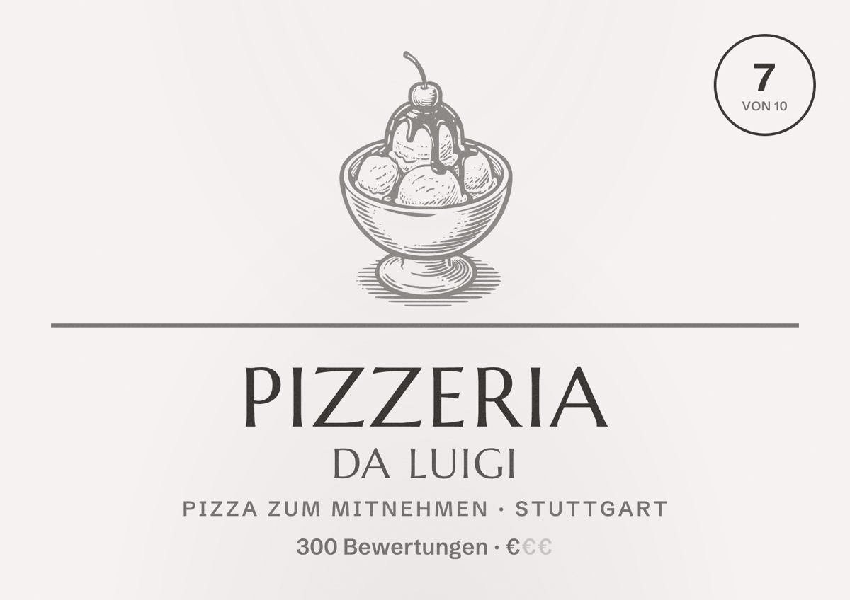 Illustriertes Poster von Pizzeria Da Luigi, Pizza zum Mitnehmen in Stuttgart: Bewertung 7,0 von 10 aus 300 Bewertungen, Preisniveau €