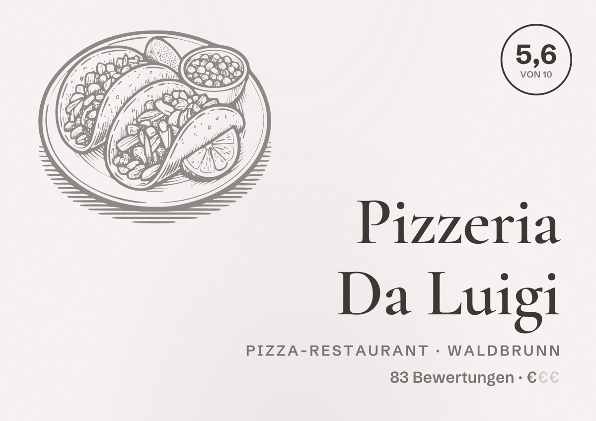Illustriertes Poster von Pizzeria Da Luigi, Pizza-Restaurant in Waldbrunn: Bewertung 5,6 von 10 aus 83 Bewertungen, Preisniveau €