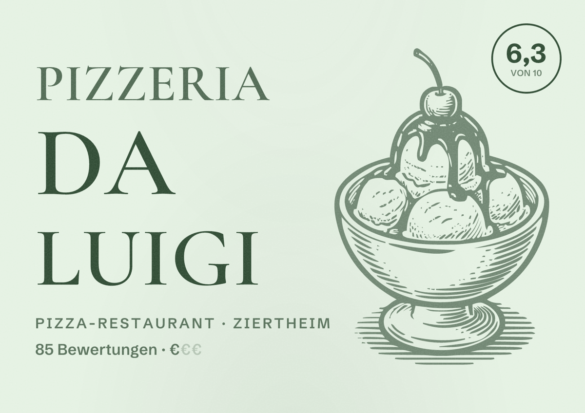 Illustriertes Poster von Pizzeria Da Luigi, Pizza-Restaurant in Ziertheim: Bewertung 6,3 von 10 aus 85 Bewertungen, Preisniveau €