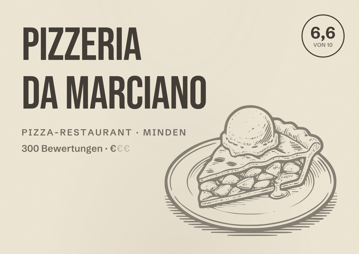 Illustriertes Poster von Pizzeria da Marciano, Pizza-Restaurant in Minden: Bewertung 6,6 von 10 aus 300 Bewertungen, Preisniveau €