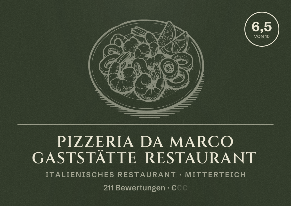 Illustriertes Poster von Pizzeria Da Marco Gaststätte Restaurant, Italienisches Restaurant in Mitterteich: Bewertung 6,5 von 10 aus 211 Bewertungen, Preisniveau €