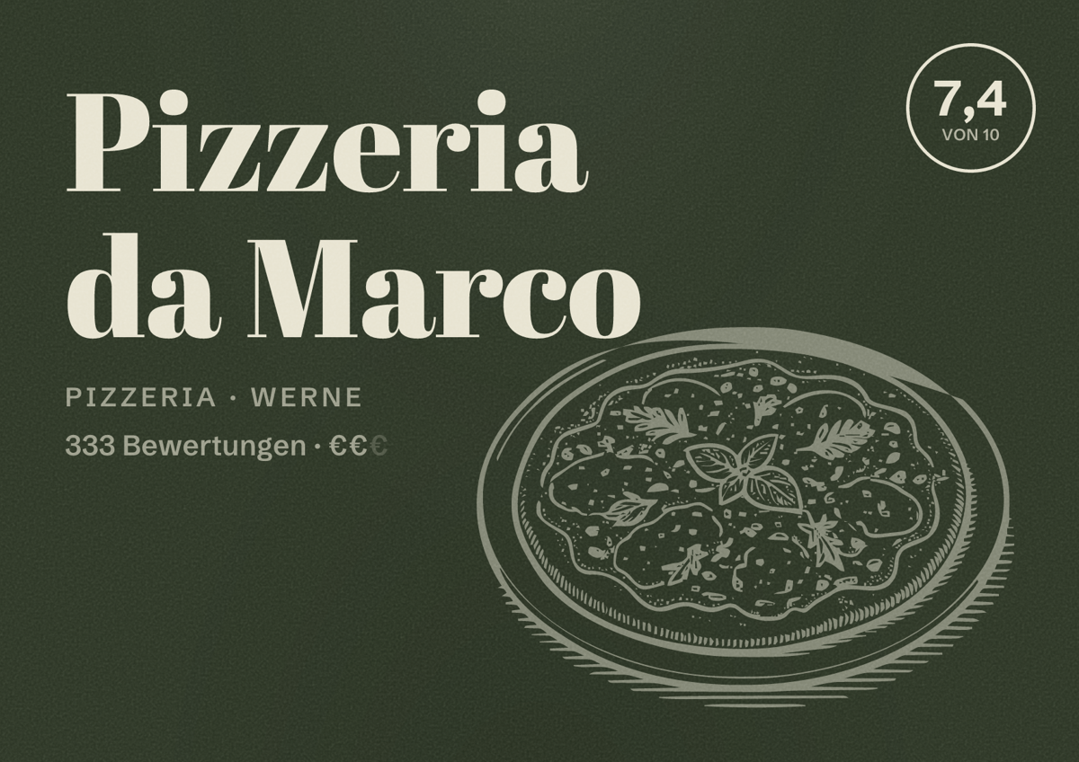 Illustriertes Poster von Pizzeria da Marco, Pizzeria in Werne: Bewertung 7,4 von 10 aus 333 Bewertungen, Preisniveau €€