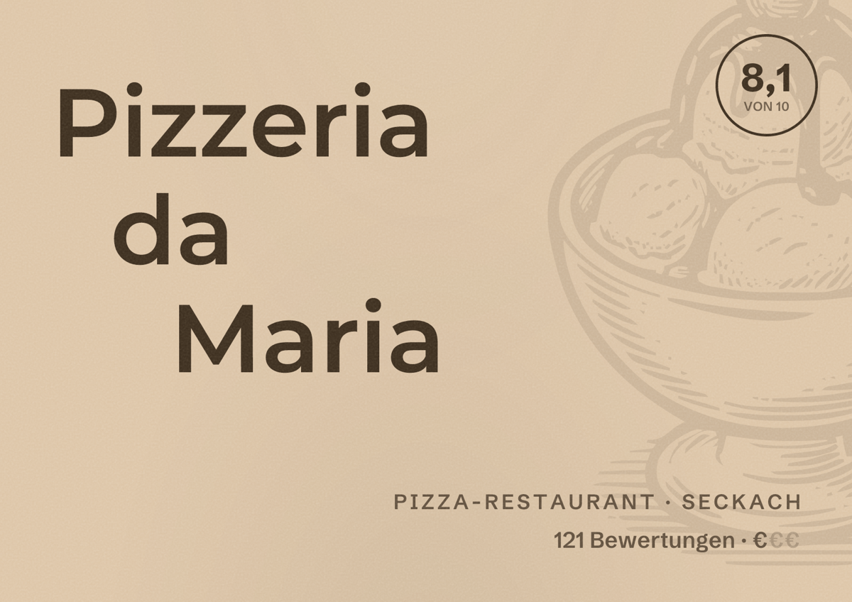Illustriertes Poster von Pizzeria da Maria, Pizza-Restaurant in Seckach: Bewertung 8,1 von 10 aus 121 Bewertungen, Preisniveau €