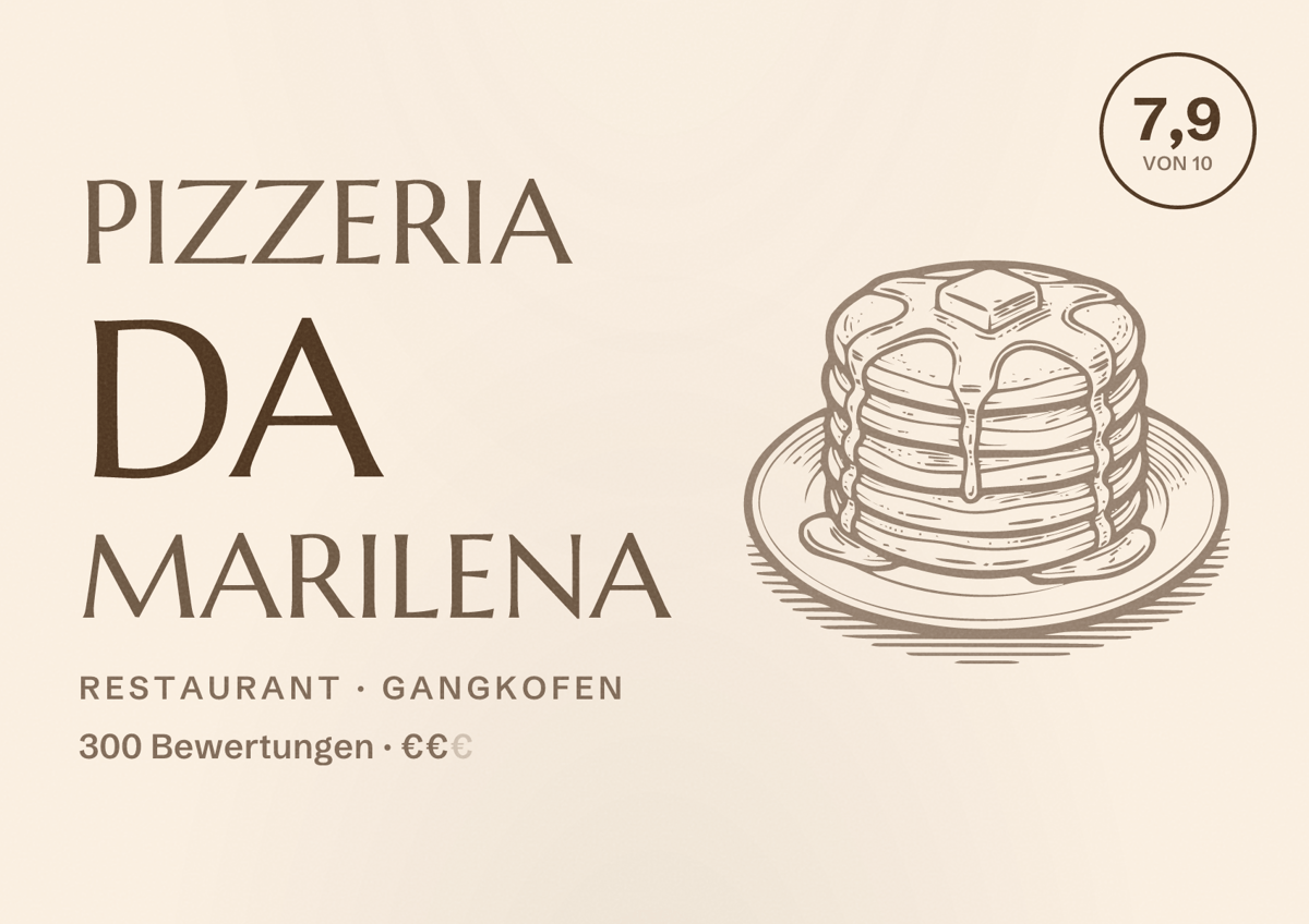 Illustriertes Poster von Pizzeria Da Marilena, Restaurant in Gangkofen: Bewertung 7,9 von 10 aus 300 Bewertungen, Preisniveau €€