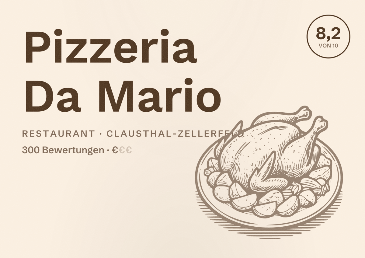 Illustriertes Poster von Pizzeria Da Mario, Restaurant in Clausthal-Zellerfeld: Bewertung 8,2 von 10 aus 300 Bewertungen, Preisniveau €