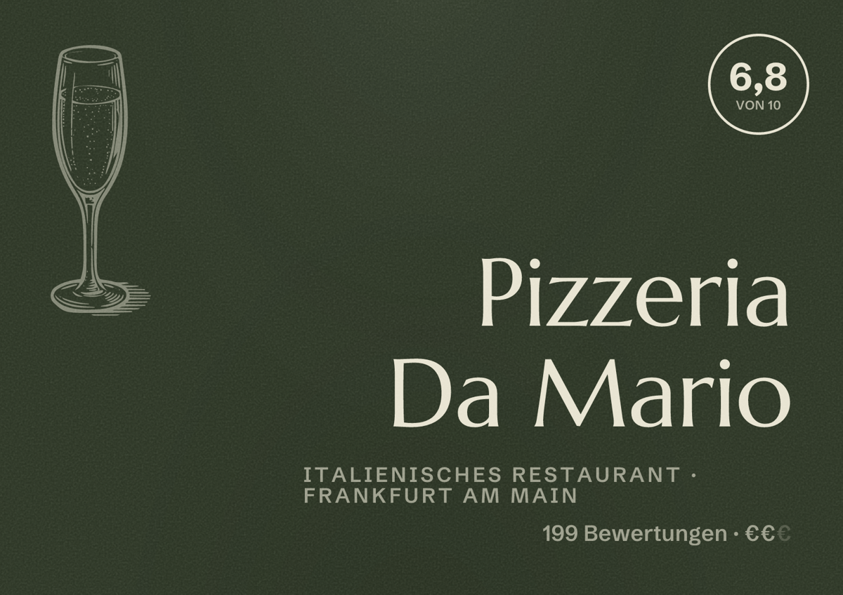 Illustriertes Poster von Pizzeria Da Mario, Italienisches Restaurant in Frankfurt am Main: Bewertung 6,8 von 10 aus 199 Bewertungen, Preisniveau €€