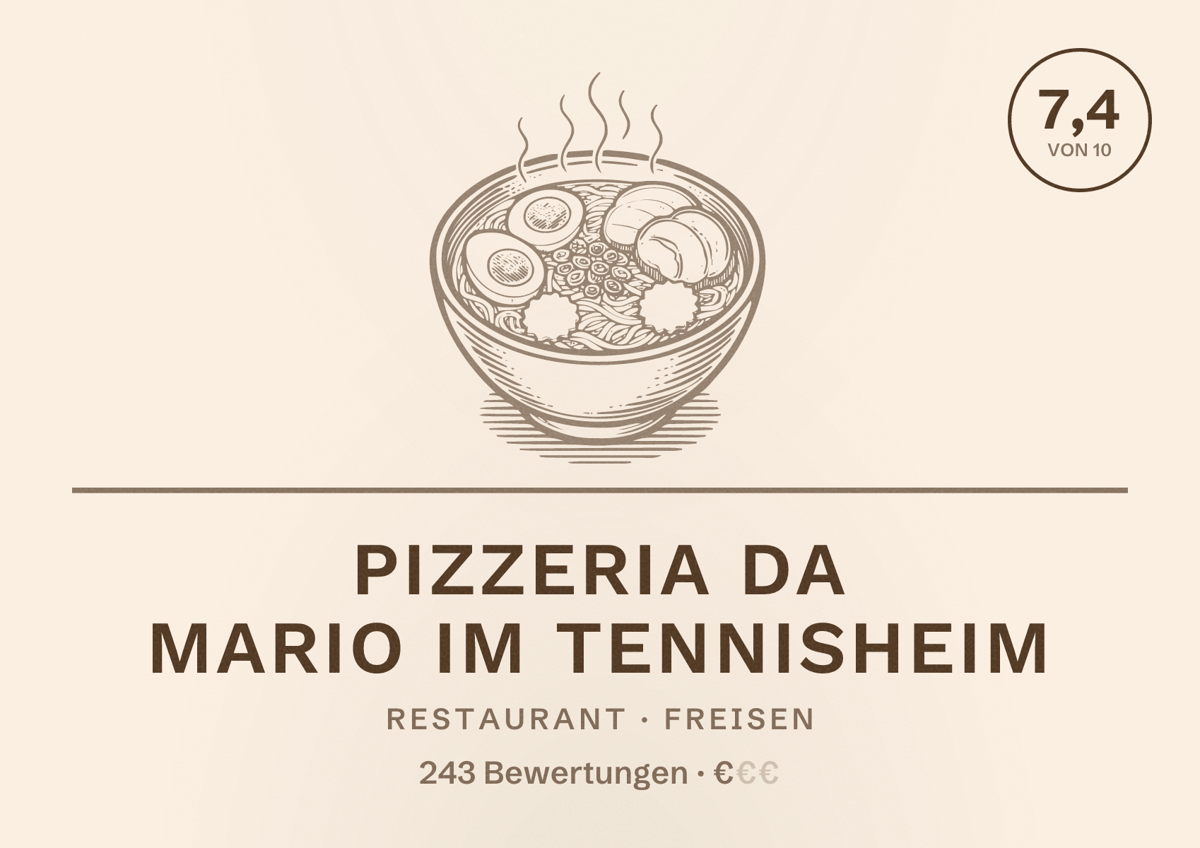 Illustriertes Poster von Pizzeria da Mario im Tennisheim, Restaurant in Freisen: Bewertung 7,4 von 10 aus 243 Bewertungen, Preisniveau €