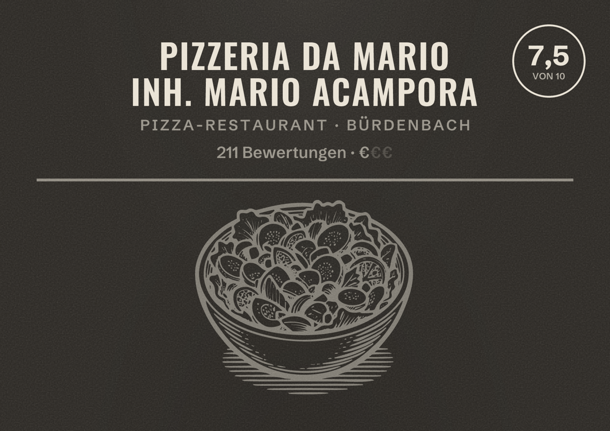 Illustriertes Poster von Pizzeria Da Mario Inh. Mario Acampora, Pizza-Restaurant in Bürdenbach: Bewertung 7,5 von 10 aus 211 Bewertungen, Preisniveau €
