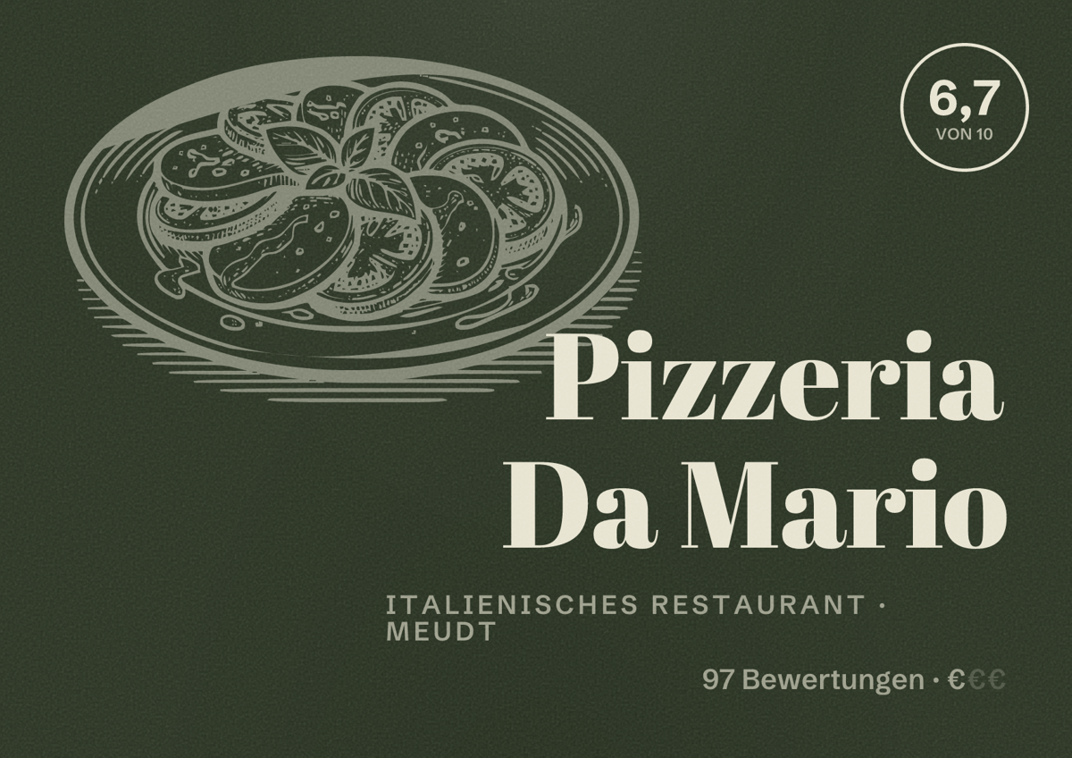 Illustriertes Poster von Pizzeria Da Mario, Italienisches Restaurant in Meudt: Bewertung 6,7 von 10 aus 97 Bewertungen, Preisniveau €